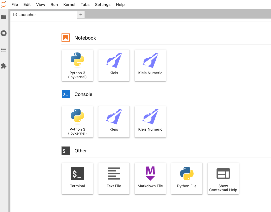 JupyterLab Launcher showing Kleis kernels